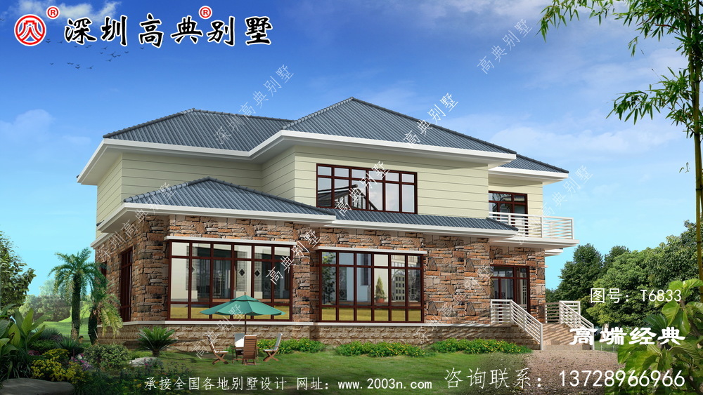 二层欧式别墅自建房，造价46万，带有庭院露台，农村自建划算！